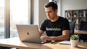 Man wearing a SotaVideo t-shirt works on a laptop at a desk with a notebook and pen in a modern office.