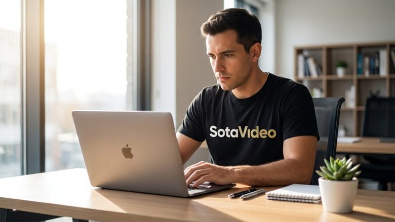 Man wearing a SotaVideo t-shirt works on a laptop at a desk with a notebook and pen in a modern office.
