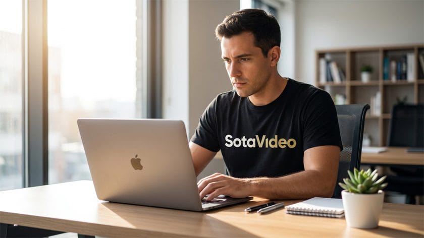 Man wearing a SotaVideo t-shirt works on a laptop at a desk with a notebook and pen in a modern office.