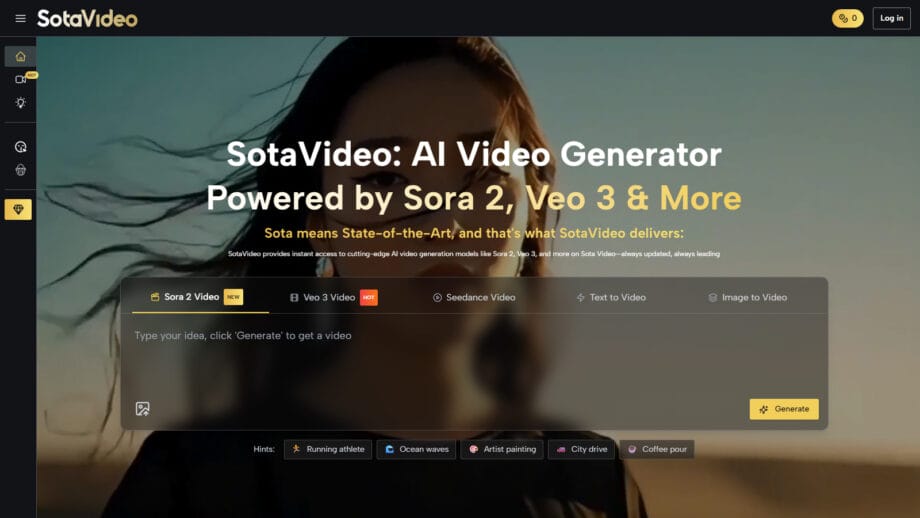 Screenshot of SotaVideo website homepage showing AI video generator options and a blurred background image of a person outdoors.