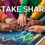 Several hands stacked together over a table with financial charts, with the words Stake Share displayed above.