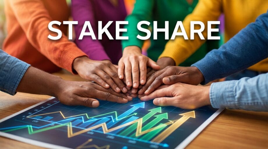 Several hands stacked together over a table with financial charts, with the words Stake Share displayed above.