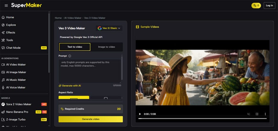 Screenshot of the SuperMaker video maker interface, showing a video preview of a woman buying fruit at an outdoor market.