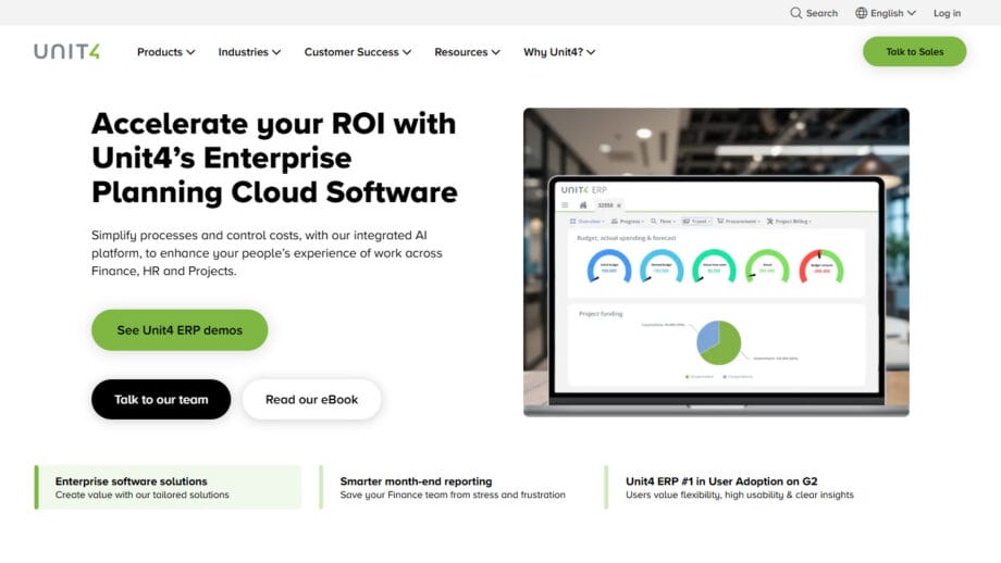 Unit4 website homepage showing enterprise planning cloud software, charts on a laptop screen, and buttons for demos, team contact, and eBook.