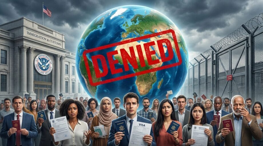 A diverse group holds passports and visa documents in front of an immigration office, with a globe marked DENIED in red.