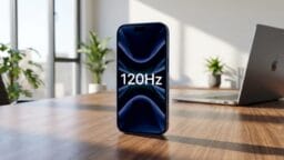 A smartphone displaying 120Hz stands upright on a wooden desk next to a laptop and potted plants in a sunlit office.