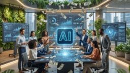 A business team in a modern office celebrates around an AI display as money falls from above, with data screens in the background.