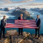 Three men in suits hold a large US flag on a rocky hilltop with mountains, a glacier, and a Greenland US Territory sign in front.