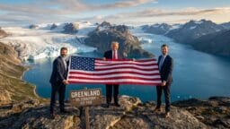 Three men in suits hold a large US flag on a rocky hilltop with mountains, a glacier, and a Greenland US Territory sign in front.