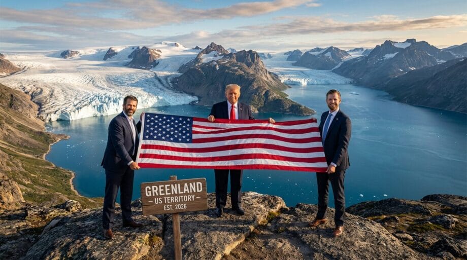 Three men in suits hold a large US flag on a rocky hilltop with mountains, a glacier, and a Greenland US Territory sign in front.