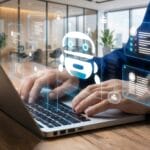 Person typing on a laptop with virtual chatbot and data icons projected in a modern office setting.