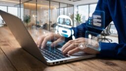 Person typing on a laptop with virtual chatbot and data icons projected in a modern office setting.