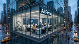 Corner office of an AI firm at night with employees working at computers, large screens, and city traffic visible through glass walls.