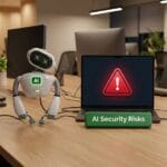 A robot slumps next to a laptop displaying a warning sign and the text “AI Security Risks” in a modern office setting.