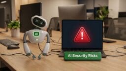 A robot slumps next to a laptop displaying a warning sign and the text “AI Security Risks” in a modern office setting.