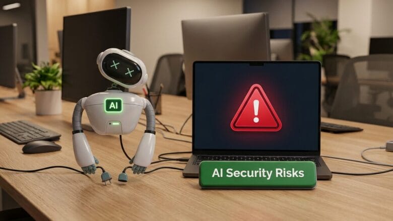A robot slumps next to a laptop displaying a warning sign and the text “AI Security Risks” in a modern office setting.