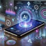 A smartphone on a desk displays AI graphics and holograms, with floating digital icons representing technology and data analysis.