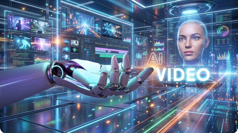 A robotic hand extends toward screens displaying data, graphs, and a digital human face labeled AI VIDEO in a futuristic control room.