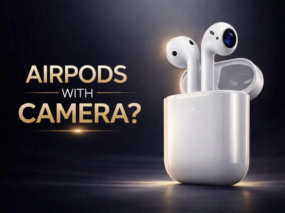 A pair of white wireless earbuds, one with a camera lens, in an open charging case next to the text AirPods with Camera?.