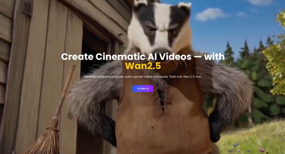 A realistic animated badger in a vest stands outside a wooden building beside a broom, with promotional text for Wan2.5 AI video software.