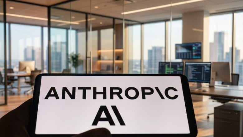 A hand holds a device displaying the Anthropic AI logo in a modern office with glass walls and computer desks.