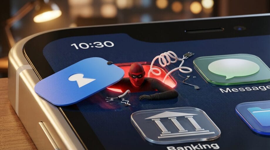 A masked figure emerges from a smartphone screen underneath a lock icon, suggesting a security breach or hacking attempt.