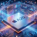 Close-up of an Apple A20 chip surrounded by digital circuits and holographic data screens, illustrating advanced technology.