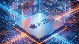Close-up of an Apple A20 chip surrounded by digital circuits and holographic data screens, illustrating advanced technology.