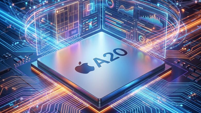 Close-up of an Apple A20 chip surrounded by digital circuits and holographic data screens, illustrating advanced technology.