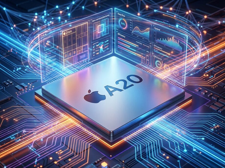 Close-up of an Apple A20 chip surrounded by digital circuits and holographic data screens, illustrating advanced technology.