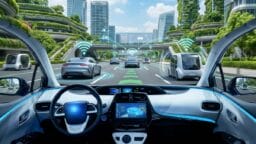 View from inside a self-driving car on a futuristic city road with other autonomous vehicles and digital navigation graphics.