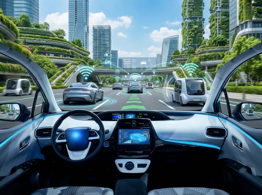 View from inside a self-driving car on a futuristic city road with other autonomous vehicles and digital navigation graphics.