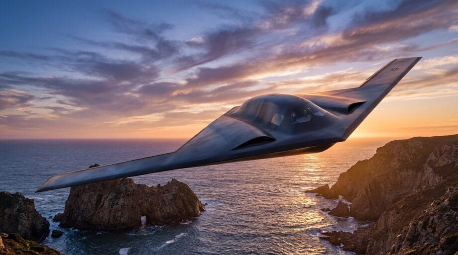 A stealth bomber aircraft flies over a rocky coastline at sunset with clouds in the sky and the ocean below.