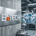 Industrial lab with B-TECH sign, visible robotic arms, machinery, and people in safety gear working in the background.