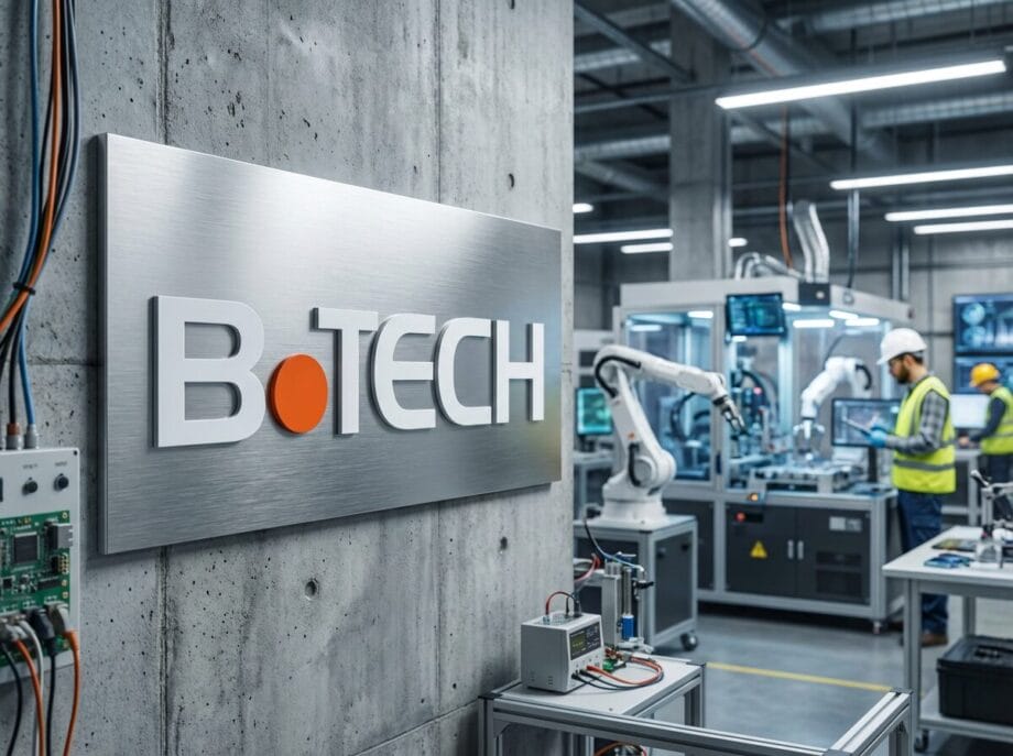 Industrial lab with B-TECH sign, visible robotic arms, machinery, and people in safety gear working in the background.