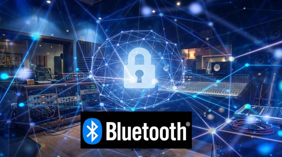 A sound studio with digital lock and network graphics, Bluetooth logo in foreground, illustrating wireless security in audio technology.