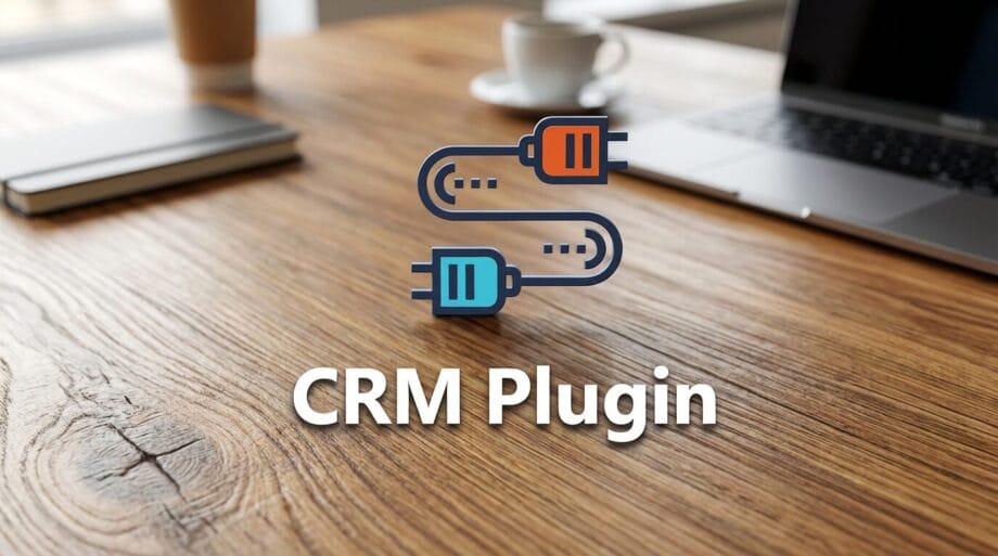 Laptop, notebook, and coffee cup on a wooden desk with a graphic of connected plugs and the text CRM Plugin in the foreground.
