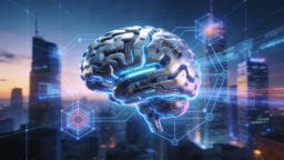 A digital rendering of a metallic brain with glowing circuits, set against a cityscape and overlaid with futuristic technology graphics.