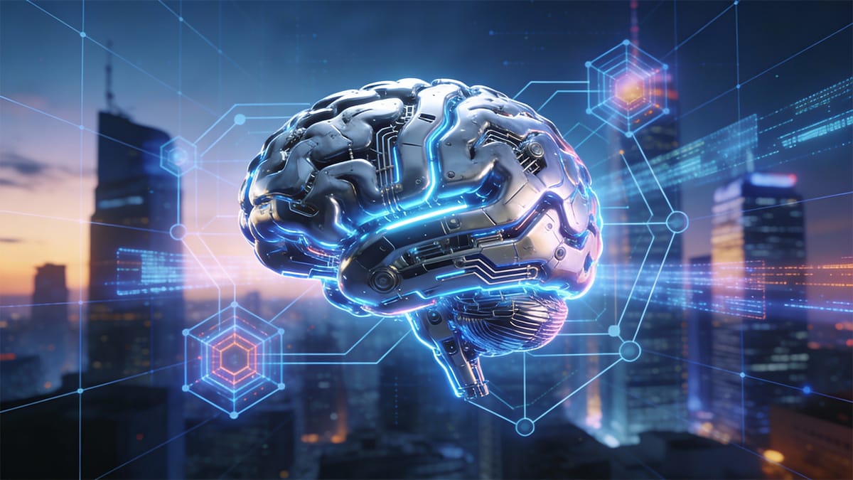 A digital rendering of a metallic brain with glowing circuits, set against a cityscape and overlaid with futuristic technology graphics.