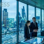 Three business professionals discuss data displayed on a touchscreen table in a high-rise office overlooking a city skyline at dusk.