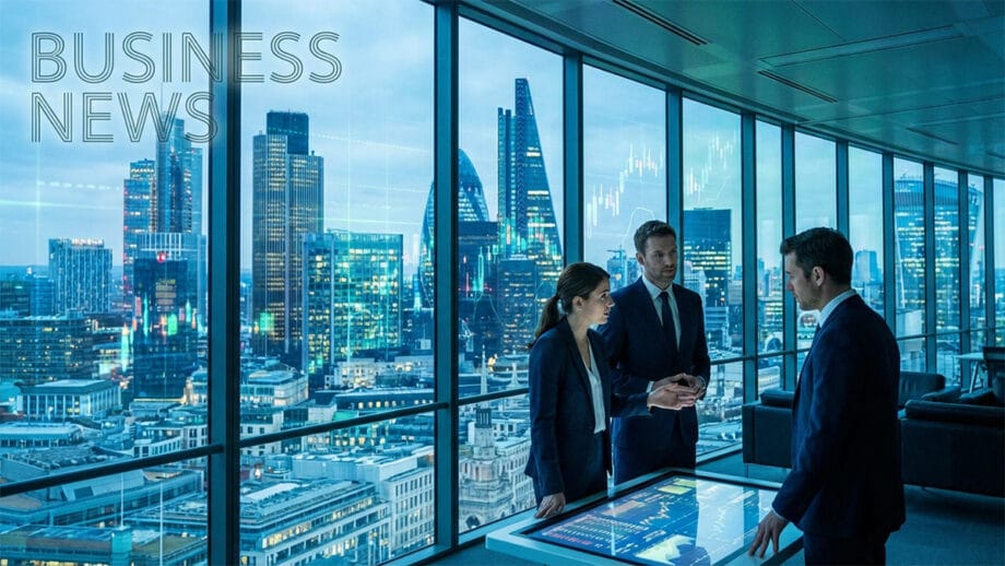 Three business professionals discuss data displayed on a touchscreen table in a high-rise office overlooking a city skyline at dusk.