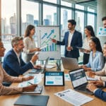 Business professionals in a meeting room discuss graphs and job resumes, with a city skyline visible through large windows.