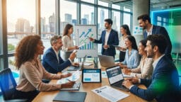 Business professionals in a meeting room discuss graphs and job resumes, with a city skyline visible through large windows.