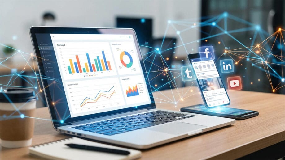 Laptop displaying graphs and charts beside a smartphone with social media icons, set on an office desk with a coffee cup.
