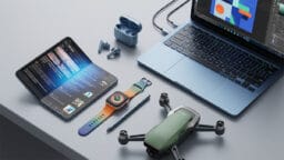 A foldable smartphone, smart watch, earbuds, stylus, drone, and laptop are arranged neatly on a light gray desk.