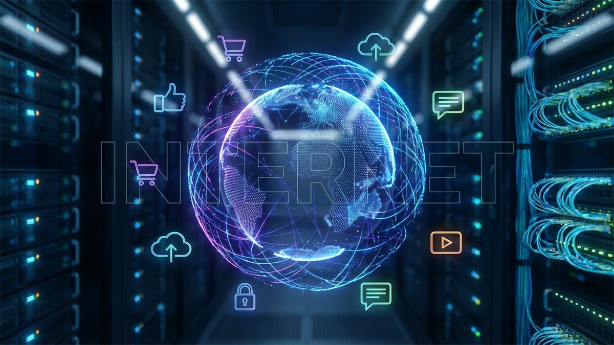 A glowing digital globe with internet icons is overlaid on a server room, illustrating global internet connectivity and data exchange.