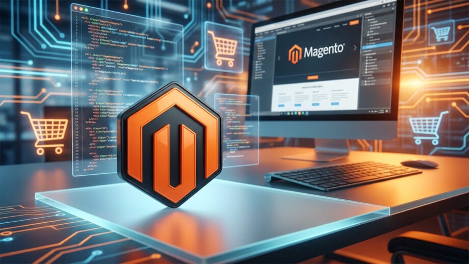 A computer screen displays Magento’s website; Magento logo and coding elements appear in a digital, e-commerce themed workspace.