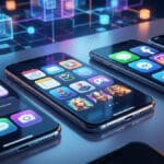 Four smartphones display various social media, gaming, and productivity app icons, with a digital network graphic in the background.