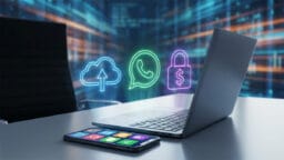 A laptop and smartphone on a desk with digital icons of a cloud, chat app, and padlock hovering above the laptop.