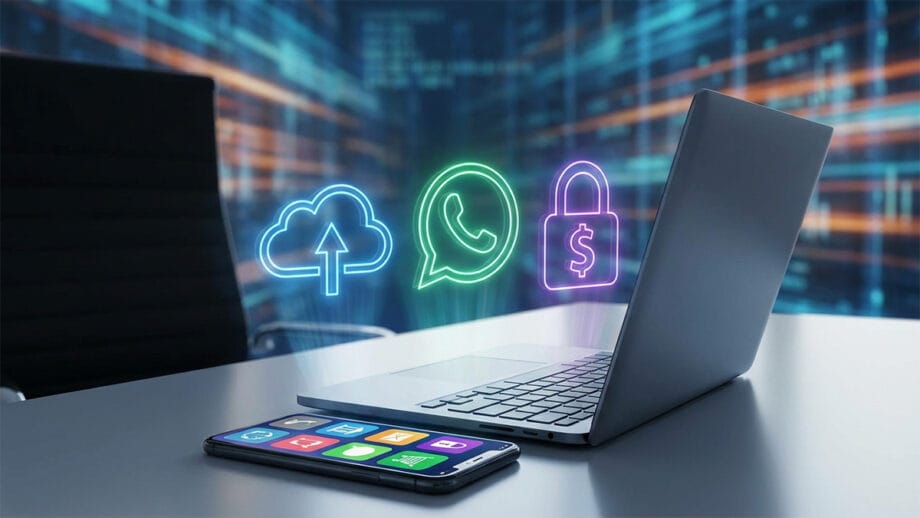 A laptop and smartphone on a desk with digital icons of a cloud, chat app, and padlock hovering above the laptop.